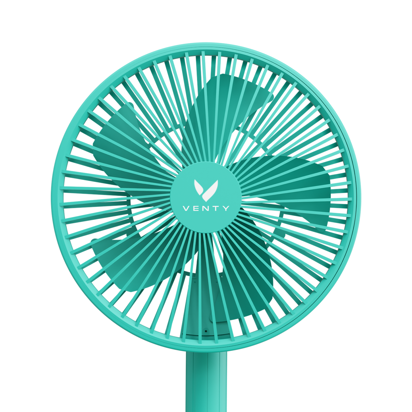 Turquoise handheld fan with 'Venty' branding